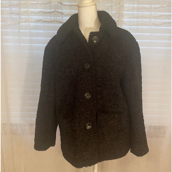 LOLA Black Faux Fur Jacket, Made in Italy Front Buttons Closure, Size L Pockets - Picture 7 of 16